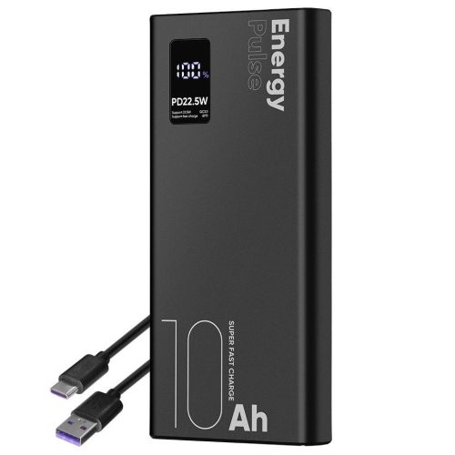 OBAL:ME EnergyPulse powerbank / külső akkumulátor kábellel, digitális kijelzővel, 10000mAh, 22,5W, fekete