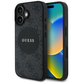   Guess 4G Circle Classic Logo iPhone 16 MagSafe hátlap tok, fekete
