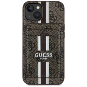   Guess 4G Stripes iPhone 15 MagSafe hátlap tok kártyatartóval, barna