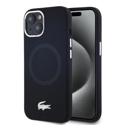 Lacoste Liquid Silicone Microfiber Silver Croc Logo iPhone 15 MagSafe tok, fekete