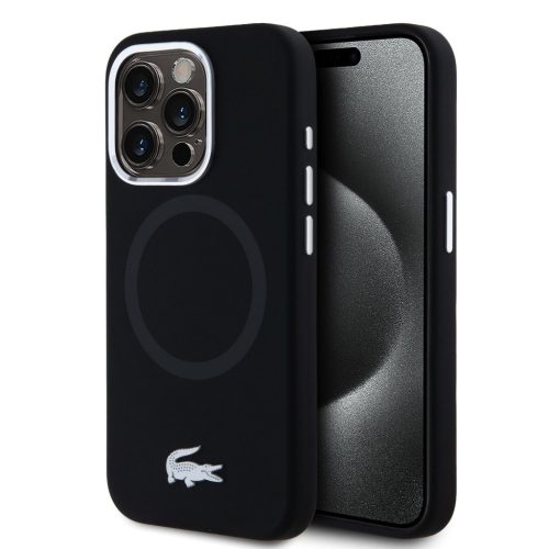 Lacoste Liquid Silicone Microfiber Silver Croc Logo iPhone 15 Pro MagSafe tok, fekete