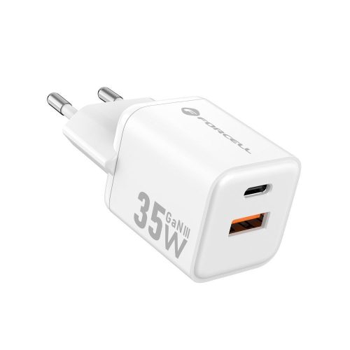 Forcell F-Energy Mini GaN III VT-35C USB-C + USB-A töltő adapter,  PD, QC4.0, 35W, fehér