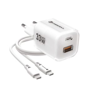   Forcell F-Energy Crystal Color GaN III VT-41 USB-C-USB-A hálózati töltő adapter szilikon kábellel, 33W, fehér