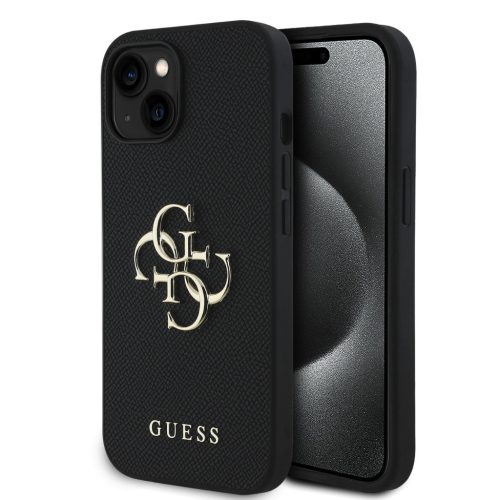 Guess PU Grained 4G Metal Logo Apple iPhone 15 hátlap tok, fekete