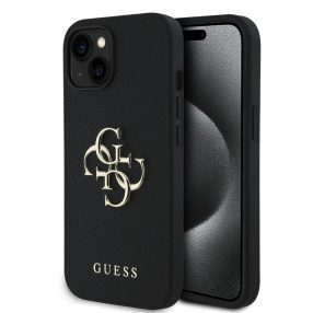   Guess PU Grained 4G Metal Logo Apple iPhone 16 hátlap tok, fekete
