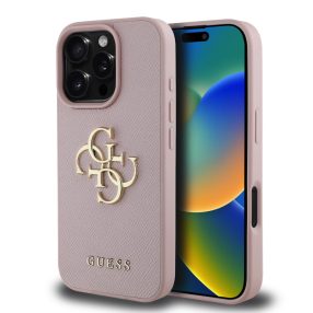   Guess PU Grained 4G Metal Logo Apple iPhone 16 Pro hátlap tok, rózsaszín
