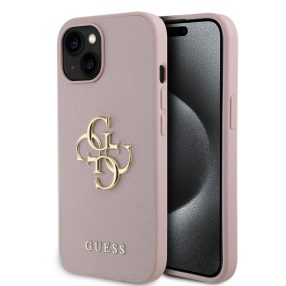   Guess PU Grained 4G Metal Logo Apple iPhone 16 hátlap tok, rózsaszín