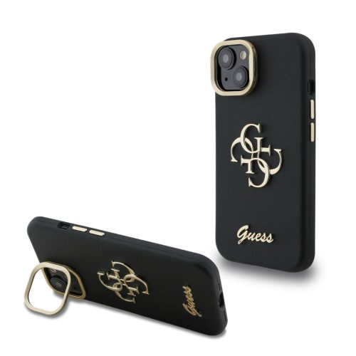 Guess PU Grained 4G Logo Stand Camera Frame iPhone 14 hátlap tok kitámasztóval, fekete
