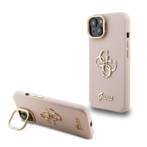 Guess PU Grained 4G Logo Stand Camera Frame iPhone 14 hátlap tok kitámasztóval, rózsaszín