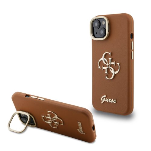 Guess PU Grained 4G Logo Stand Camera Frame iPhone 14 hátlap tok kitámasztóval, barna