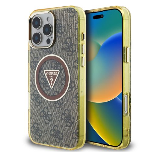 Guess IML 4G Glitter and Triangle Logo iPhone 16 Pro Max MagSafe kemény hátlap tok, barna