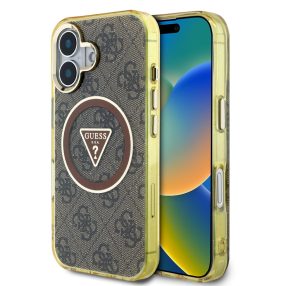   Guess IML 4G Glitter and Triangle Logo iPhone 16 MagSafe kemény hátlap tok, barna