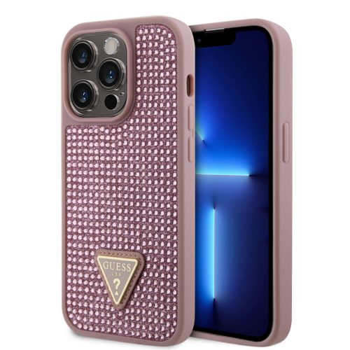 Guess Rhinestones Triangle Metal Logo iPhone 15 Pro hátlap tok, rózsaszín