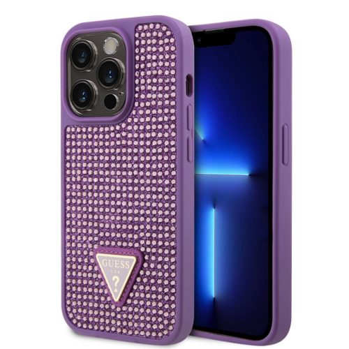 Guess Rhinestones Triangle Metal Logo iPhone 15 Pro hátlap tok, lila