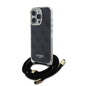   Guess IML 4G Printed Crossbody Strap iPhone 16 Pro hátlap tok pánttal, fekete