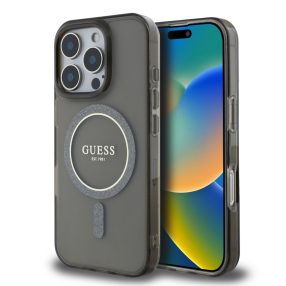   Guess IML Glitter Ring Apple iPhone 16 Pro Magsafe kompatibilis hátlap tok, fekete