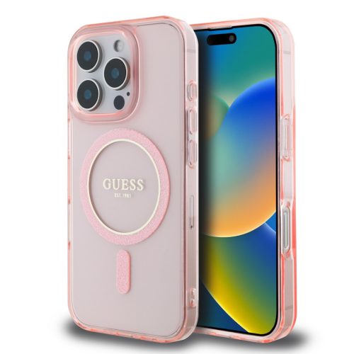 Guess IML Glitter Ring Apple iPhone 16 Pro Max Magsafe kompatibilis hátlap tok, rózsaszín