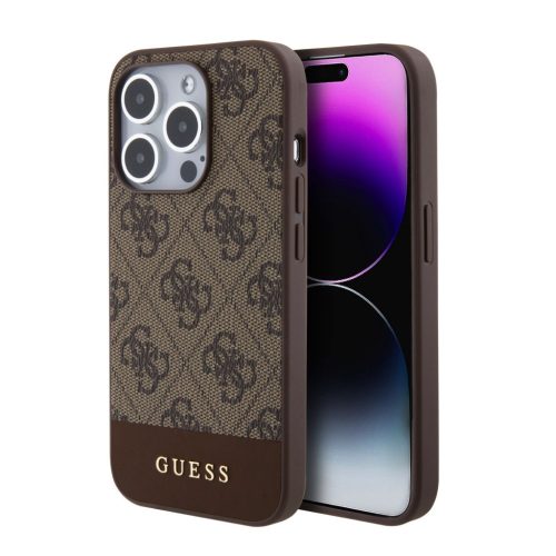 Guess PU 4G Printed Stripe Apple iPhone 15 Pro hátlap tok, barna