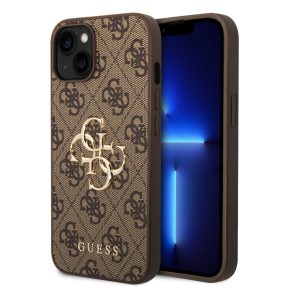 Guess PU 4G Metal Logo Apple iPhone 15 hátlap tok, barna