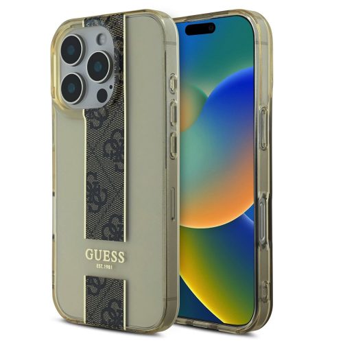 Guess IML Middle 4G Stripe iPhone 16 Pro Max kemény hátlap tok, barna