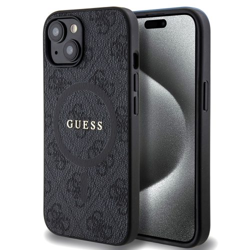 Guess PU Leather 4G Colored Ring Apple iPhone 15 MagSafe tok, fekete