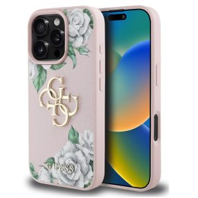   Guess PU Grained Roses 4G Metal Logo iPhone 16 Pro hátlap tok, rózsaszín