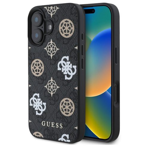 Guess PU 4G Peony Apple iPhone 16 Magsafe kompatibilis hátlap tok, fekete