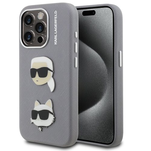 Karl Lagerfeld Grained PU K&CH Heads iPhone 15 Pro hátlap tok, szürke