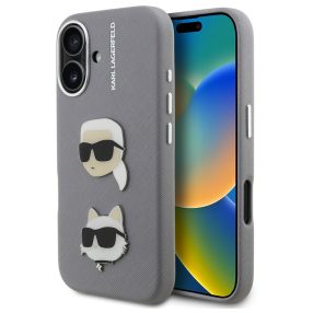   Karl Lagerfeld Grained PU K&CH Heads iPhone 16 hátlap tok, szürke