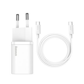   Baseus Super-Si gyorstöltő adapter USB-C / USB-C kábellel, 25W, fehér