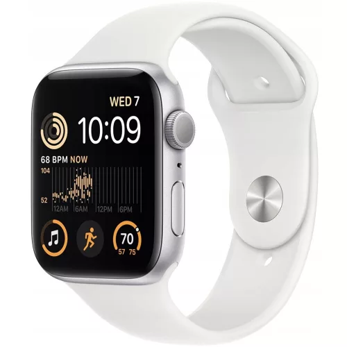 Bemutató készülék, Apple Watch SE (v2) okosóra, 44mm, Ezüst alumínium, fehér szíj