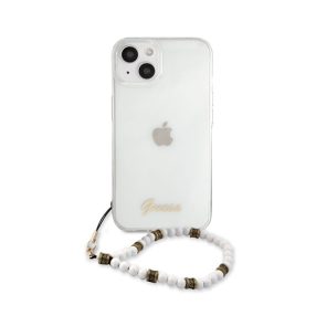   Guess PC Script and White Pearls Apple iPhone 13 hátlap tok, átlátszó
