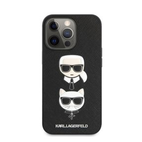   Karl Lagerfeld Karl and Choupette Saffiano bőr hátlap tok Apple iPhone 13 Pro, fekete