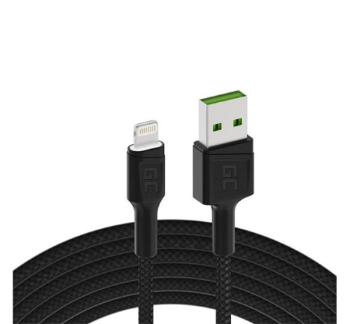 Green Cell Ray Apple iPhone lightning kábel, 1,2m, fehér LED világítással, fekete