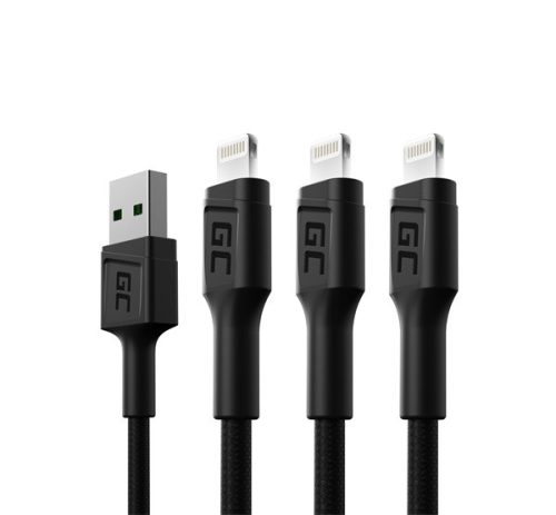 Green Cell Ray Apple iPhone lightning kábel szett, 2m, fehér LED világítással, fekete (3db)