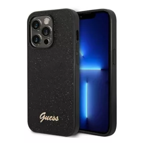   Guess Glitter Flakes Metal Logo Apple iPhone 14 Pro hátlap tok, fekete
