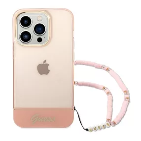   Guess Camera Outline Translucent Apple iPhone 14 Pro hátlap tok szíjjal, rózsaszín