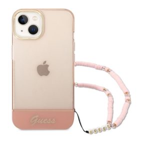   Guess Camera Outline Translucent Apple iPhone 14 Plus hátlap tok szíjjal, rózsaszín