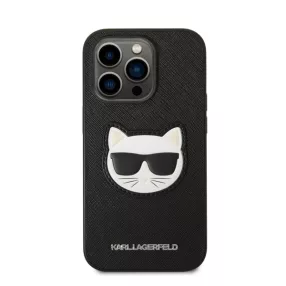   Karl Lagerfeld Choupette Head Saffiano bőr hátlap tok Apple iPhone 14 Pro, fekete