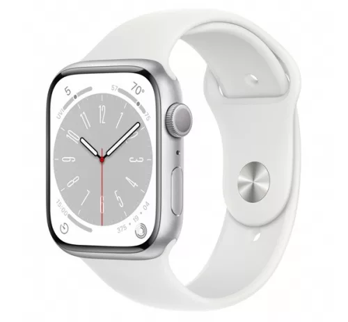 Apple Watch Series 8 GPS 45mm okosóra, ezüstszínű alumíniumtok, fehér sport szíj