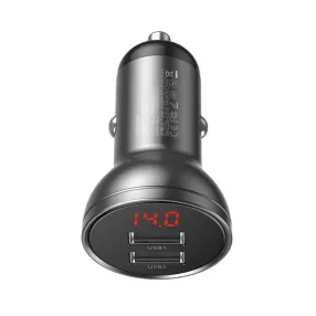   Baseus autós szivargyújtó töltő kijelzővel, 2xUSB, 4.8A, 24W, szürke