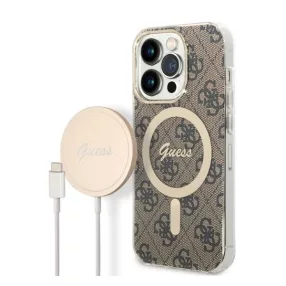   Guess 4G Print MagSafe Apple iPhone 14 Pro hátlap tok, barna + MagSafe töltő