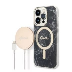   Guess Marble MagSafe Apple iPhone 14 Pro hátlap tok, fekete + MagSafe töltő
