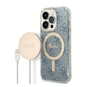   Guess 4G Print MagSafe Apple iPhone 14 Pro Max hátlap tok, kék + MagSafe töltő