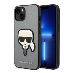   Karl Lagerfeld Saffiano Karl's Head Patch Apple iPhone 14 Plus hátlap tok, ezüst