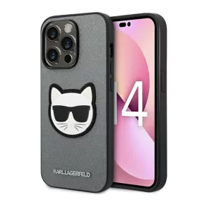   Karl Lagerfeld Saffiano Choupette Head Patch Apple iPhone 14 Pro Max hátlap tok, ezüst