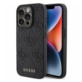   Guess Leather 4G Stamped Apple iPhone 15 Pro hátlap tok, fekete
