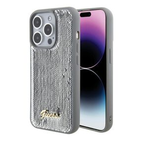   Guess Sequin Script Metal Apple iPhone 15 Pro Max hátlap tok, ezüst
