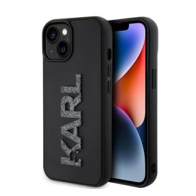   Karl Lagerfeld 3D Rubber Glitter Logo Apple iPhone 15 hátlap tok, fekete