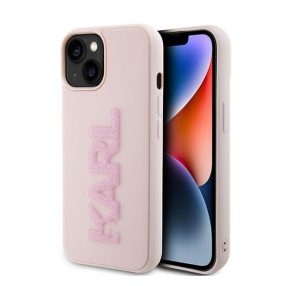   Karl Lagerfeld 3D Rubber Glitter Logo Apple iPhone 15 hátlap tok, rózsaszín